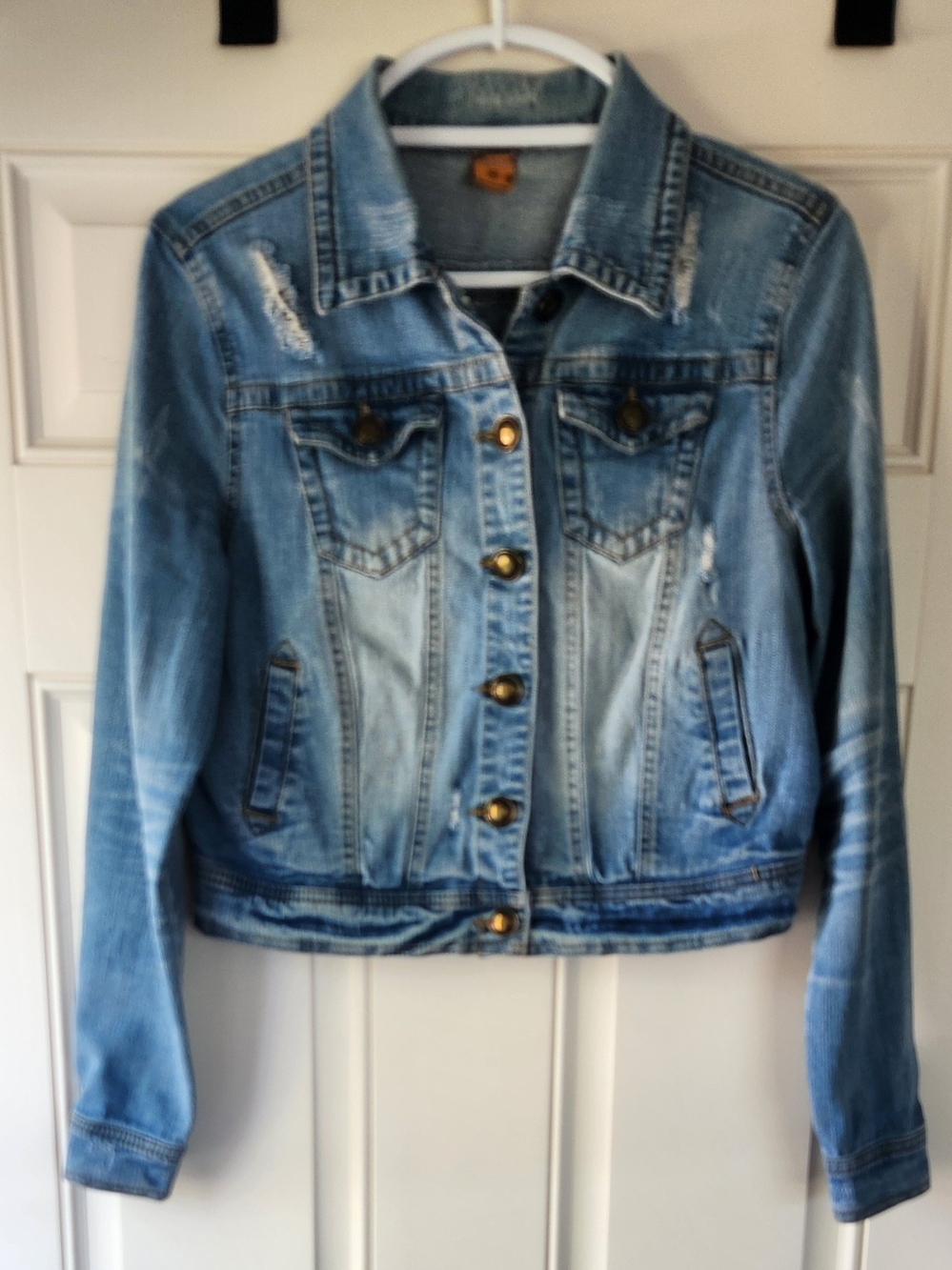 Womens Classic Light Blue Denim Jean Jacket with Distressed Accents